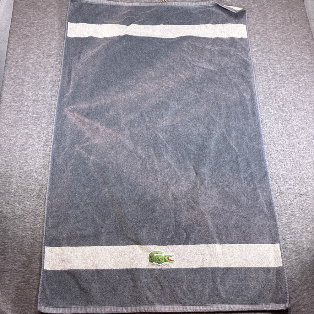 Lacoste Beach Towel Large Gray Vintage Faded Striped Logo Travel Distressed
